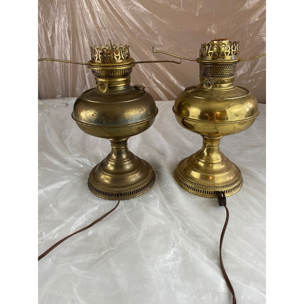 VTG 30s–50s Brass Hurricane Electric Lamps Pair Converted From Oil Tested Patina